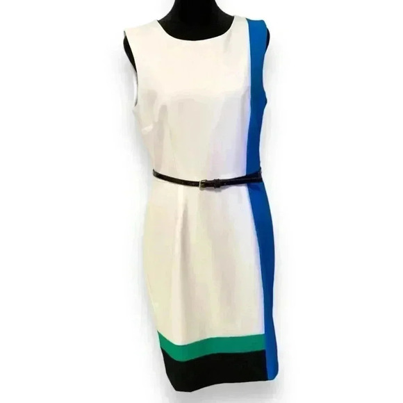 Calvin Klein Colorblock Size 8 Knee Length Black Leather Belted Casual Dress - Picture 12 of 16